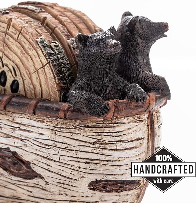 Bear Coasters Set of 6 Full Size Rustic Coasters in Handmade Canoe with Adorable Black Bear Figurines - Log Cabin Decorations, Rustic Lodge Decor for The Home