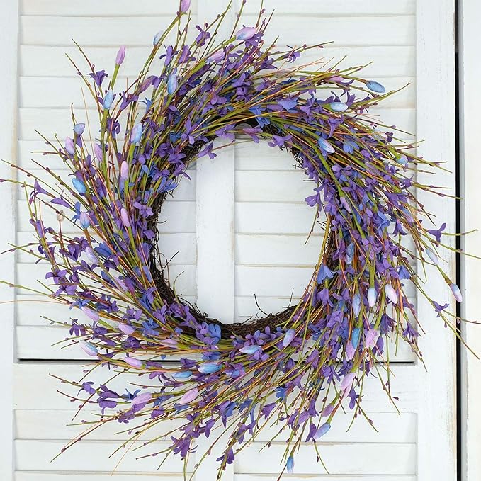 Bibelot 18inch Artificial Forsythia Flower Wreath, All Year Around Wreath for Front Door, Wedding Window Home Wall Indoor Front Door Decor (Purple, 18in)