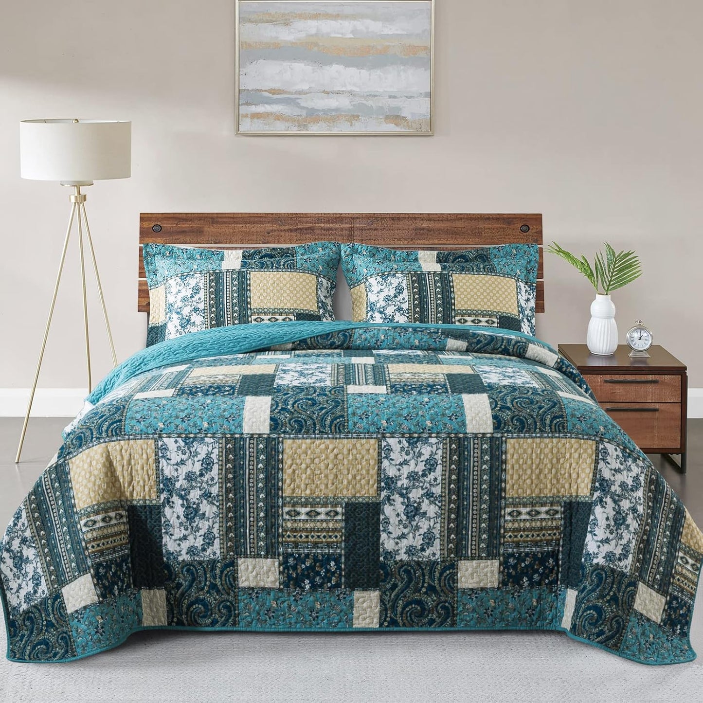 VAPUTAR Quilts Queen Size - 3 Piece Cotton Quilted Bedspread Coverlet, Soft Lightweight Quilted Bedding Set, Patchwork Boho Quilt with Pillowcovers Suitable for All Season and Room Decor (Dream Blue)