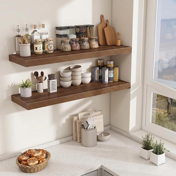 Fun Memories 48 Inch Floating Shelves for Wall - 12 Inch Deep Fireplace Mantel Shelf - Wood Floating Shelf for Wall - Large Storage Shelves Wall Mount for Living Room & Bedroom - Walnut - Set of 1