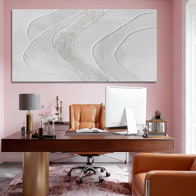 Minimalist White Abstract Wall Art, Hand Painted Textured Canvas in Neutral Beige and Cream Tones, Modern Gallery Wrapped Wall Decor for Living Room Bedroom Dinning Room, Ready to Hang, 24×48 Inch