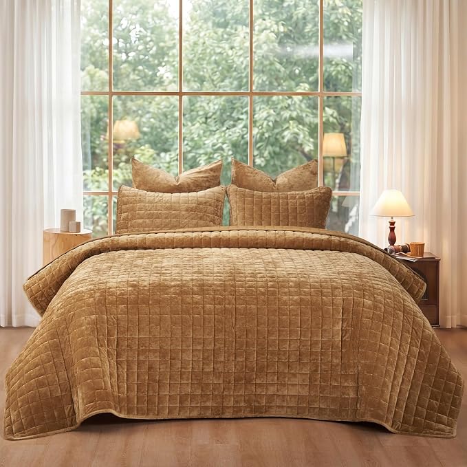 PHF Luxurious Velvet Quilt Set Twin Size – 2PCS Super Soft Quilted Comforter Alternative with Square-Box Quilt Pattern, Warm Quilted Bedspread Coverlet, 68" x 92", Rusty Burnt Orange