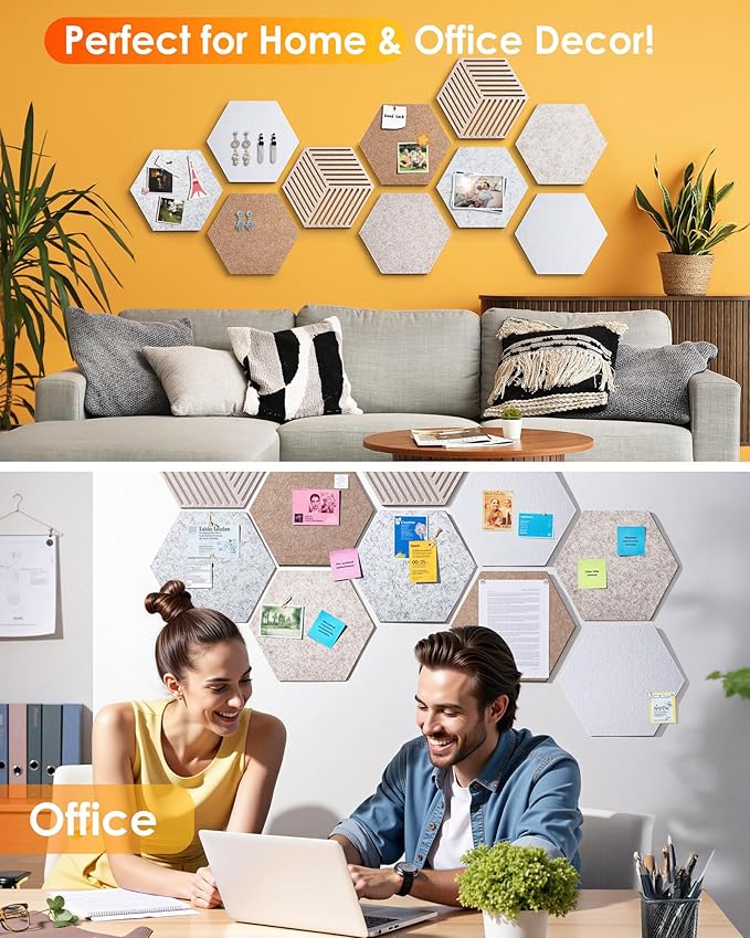 Hexagon Cork Boards for Walls Decor 10 Pack Cork Bulletin Board Tiles with 50 Pins,Pin Board for Office & Home for Notes Photos and DIY Classroom Decor (Minimalist Style)