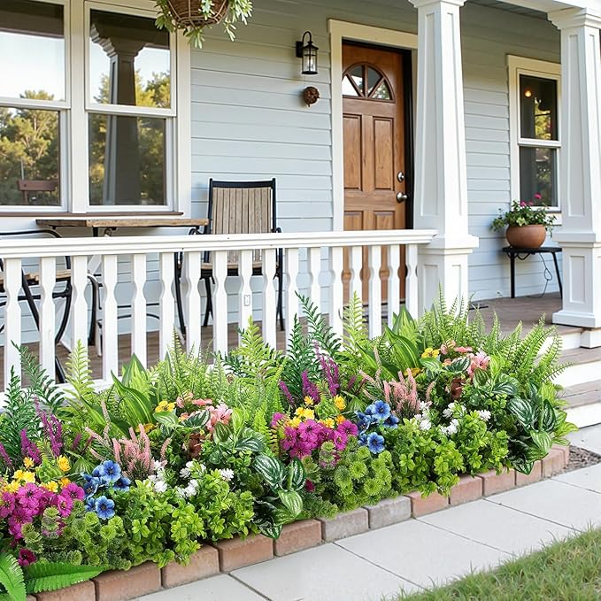 Alupssuc 48Pcs Artificial Flowers and Plants,UV Resistant & No Fade Fake Plastic Greenery Shrubs for Home Garden, Pathway, Front Porch-Spring Summer Decor, Indoor/Outdoor Use,Pink Purple Yellow Blue