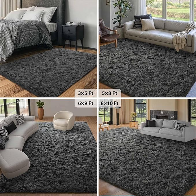 FinRèc 8x10 Feet Rugs for Living Room Bedroom, Soft Dark Grey Fluffy Area Rug, Non-Slip Solid Shag Rug for Nursery Kids Room Dorm Room Home Decor, Indoor Floor Carpet