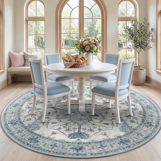 RELEANY Area Rugs 7ft Washable Non-Slip, Floral Vintage Distress Print Pattern Medallion Carpet for Living Room Bedroom Dining Room, Light Blue Navy Beige Gray White