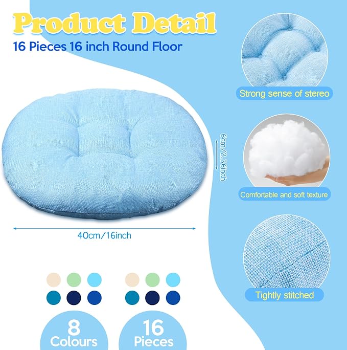 Fumete 16 Pcs 16 Inch Floor Cushions Pillow for Kids Bulk Classroom Round Flexible Seating Floor Cushions for Students Home Daycare School Reading Corner Yoga Meditation Picnic (Ocean and Sky Tones)