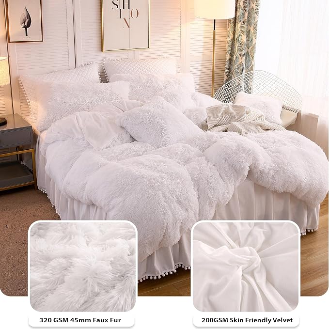 LIFEREVO Luxury Plush Shaggy Duvet Cover Set, Ultra Soft Fluffy Furry Duvet Cover Set(1 Faux Fur Fuzzy Comforter Cover + 2 Pom Poms Velvet Pillow Cases) Solid Bedding Set, Zipper Closure(King, White)
