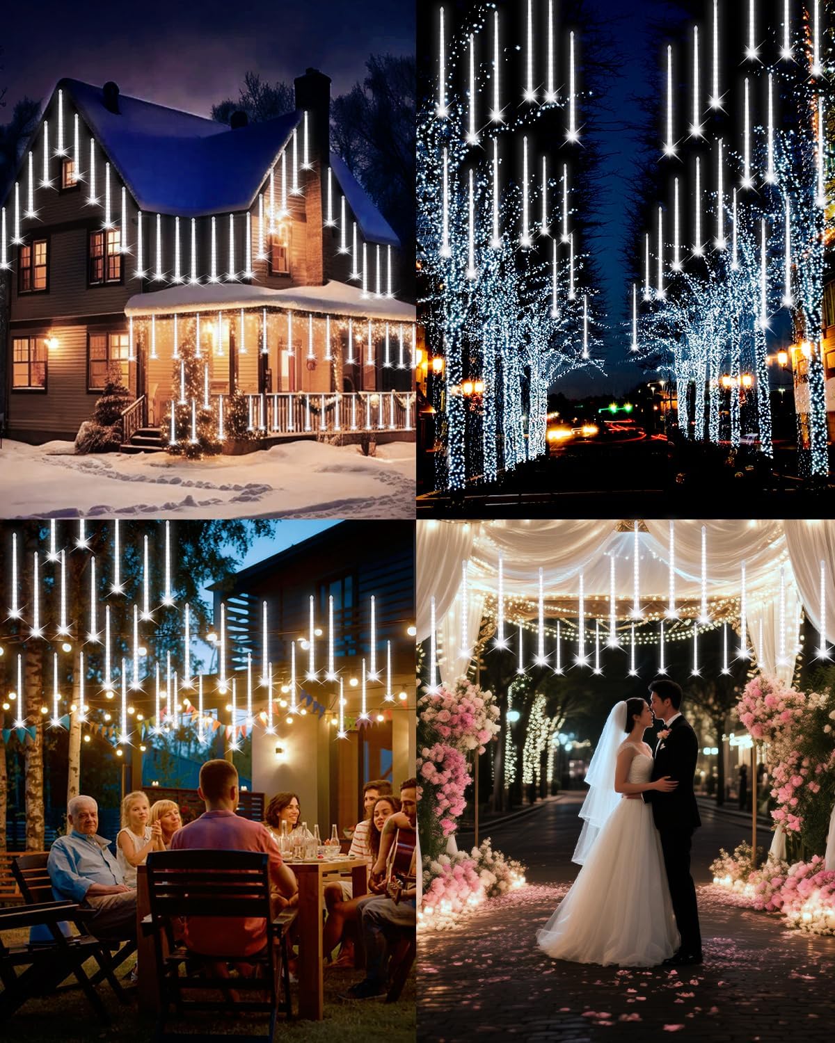 PEMOTech Christmas Lights Outdoor,16 Tubes 16 Inch 576 LED Meteor Shower Lights, Waterproof Christmas Decorations Icicle Light for Xmas Tree Halloween Party, Ul Plug,Cool White