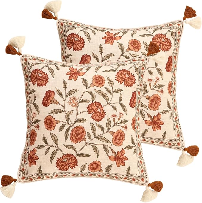 ISAENNE Vintage Linen Square Throw Pillow Cover,Set of 2,18"x18"-Albano A | Designer French Pillow Cover,Concealed Zipper Design,Orange Floral Pattern,Sofa,Bedroom,Living Room,Lounge Chairs