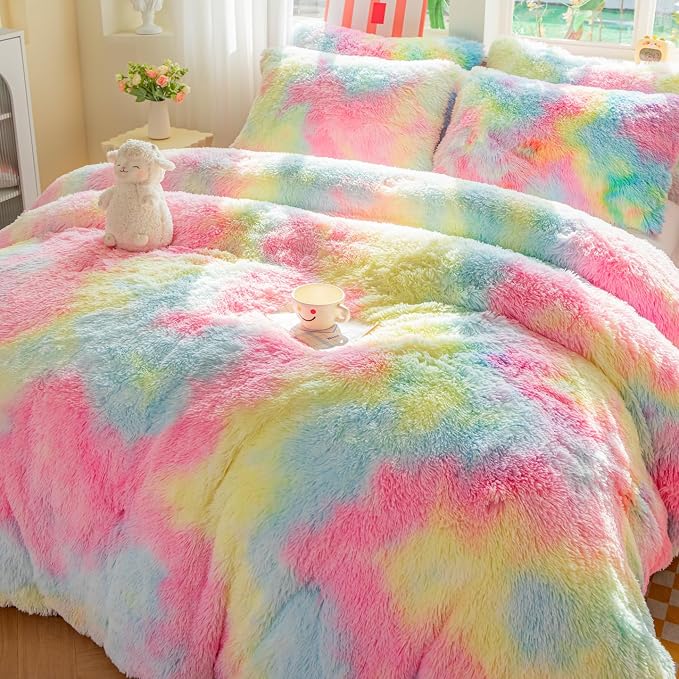 chovy Faux Fur Plush Tie-Dyed Pink Comforter Sets Twin/Full Size - Ultra Soft Shaggy Flannel Velvet Fluffy Fuzzy 3PC Bedding Set （Comforter x 1 Pillowcases x 2）