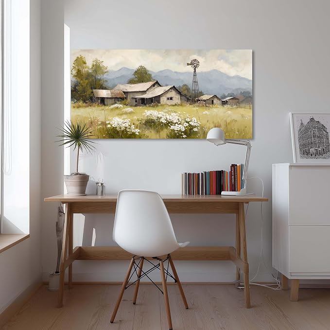 Rural House Wall Art for Living Room Canvas Oil Painting Prints Beautiful Countryside Tranquility Cabin Landscape Art Deco Retro Rustic Artwork Office Bedroom Farmhouse Dining Room Decor Extra Large