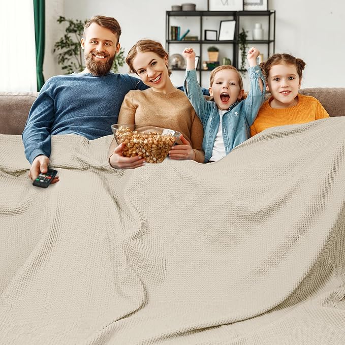 PHF 100% Cotton Waffle Weave Family Blanket Oversized King 120"*120",Pre-Washed Lightweight Breathable for Spring Summer,Machine Washable,10'x 10' Huge Extra Large Big,Home Decoration Gift-Linen/Stone