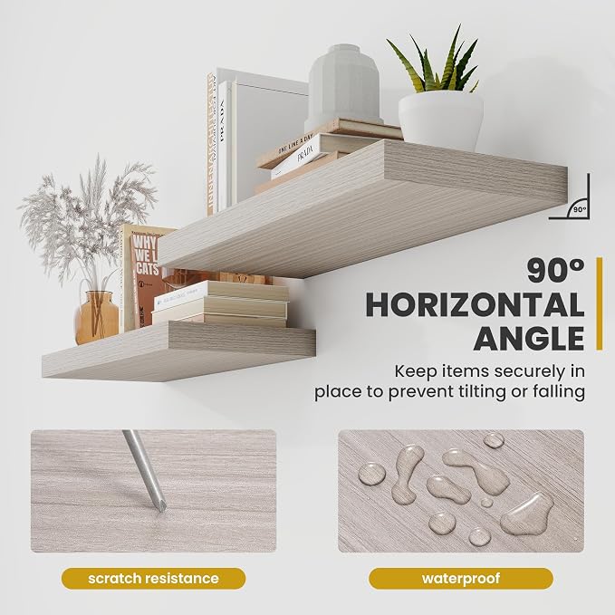 Acovy 16 Inch Floating Shelves, 9.3" Deep Floating Shelf Wall Mounted, 16" Wall Shelves, Rustic Deep Bookshelf, Large Display Shelves & Storage Shelves for Bedroom, Living Room, Greige, Set of 2