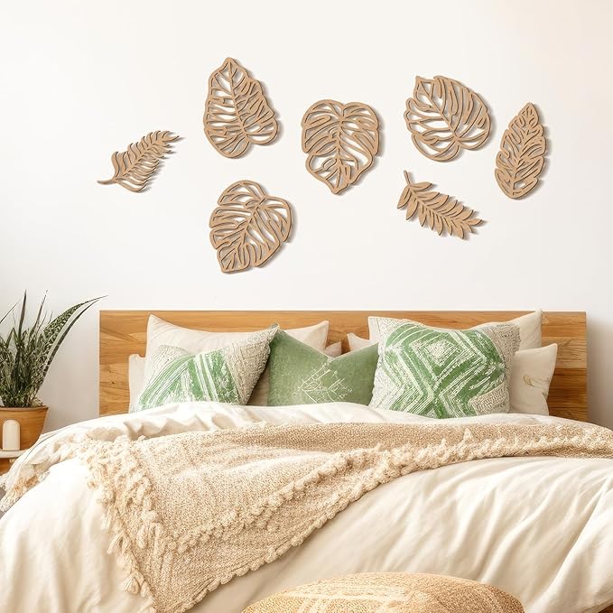 Namalu 7 Pcs Tropical Wall Decor Jungle Monstera Wall Art Boho Palm Leaf Wooden Decoration Tropical Nursery Decor Vintage Natural Monstera Leaf Plaque for Farmhouse Kitchen Bedroom Garden(Wood Color)