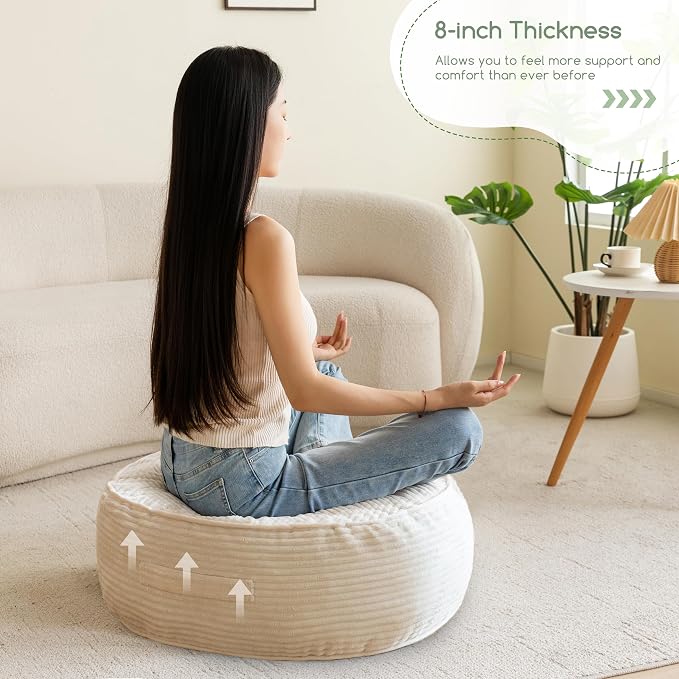 HIGOGOGO 8" Extra Thick Floor Pillow Cushion for Adults, Meditation Cushion Pillow, Large Round Floor Sitting, Tufted Corduroy Cover, for Tatami Living Room or Yoga, 22x22 Inch, Beige