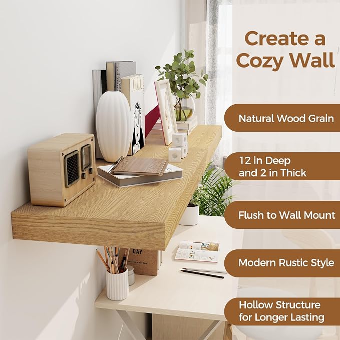 Floating Shelves 48 Inch Long, 12 Inch Deep Floating Shelves for Wall, 48 x 12 Large Wall Shelves for Home Storage & Display, 2" Thicked Floating Shelf for Bedroom, Living Room, Oak Color, 1 Pack