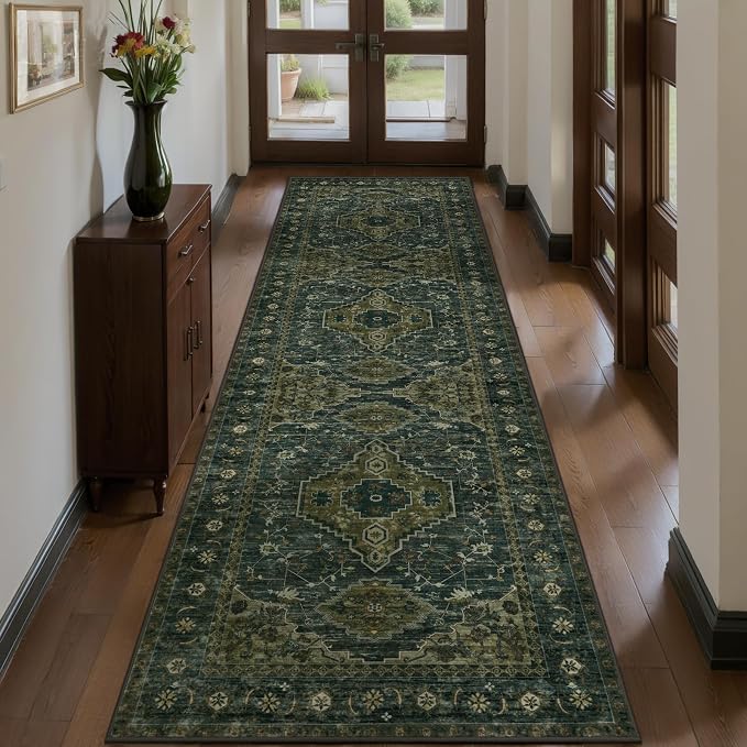 Tangsoo Oriental 2.6X16 Runner Rug for Hallways Non Slip, Washable Runner Rug, Soft Low Pile Long Rug Runners, Boho Print Carpet Runners for Kitchen Bedroom Entryway Living Room Olive Green