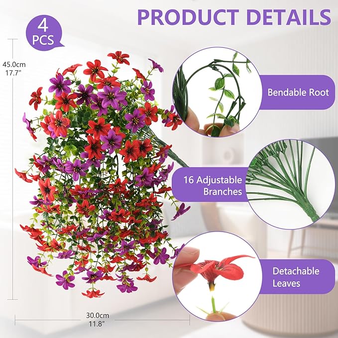 Artificial Hanging Baskets Outdoor, 4 Bundles Artificial Hanging Flowers Outdoors Spring Summer Decoration, No Fade Realistic Fake Hanging Baskets for Porch Patio Balcony Home Yard Decor
