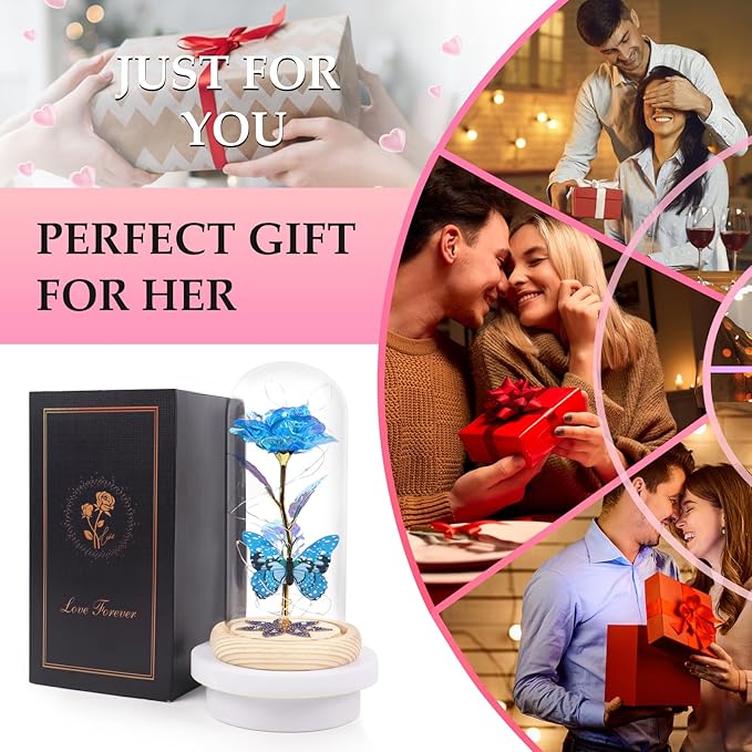 Beferr Birthday Gifts for Women Galaxy Glass Rose Forever Preserved Flowers for Delivery Light Up Rose in Glass Dome Mothers Day Butterfly Gifts for Mom Wife Grandma Her Daughter Girlfriend