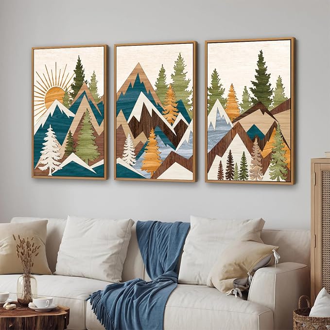 Tinonedraw Large Mountain Framed Canvas Wall Art, Boho Rustic Sunrise Forest Wall Decor, Vintage Woodsy Nature Art Painting, Modern Wilderness Trees Art Print for Living Room Bedroom Office 24"x36"x3
