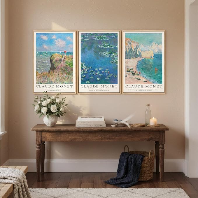 3 Piece Framed Monet Canvas Wall Art for Living Room, Large Impressionist Lake Landscape Prints Painting, Vintage Classic Picture Artwork Decor for Bedroom Dining Room 16x24 Inch