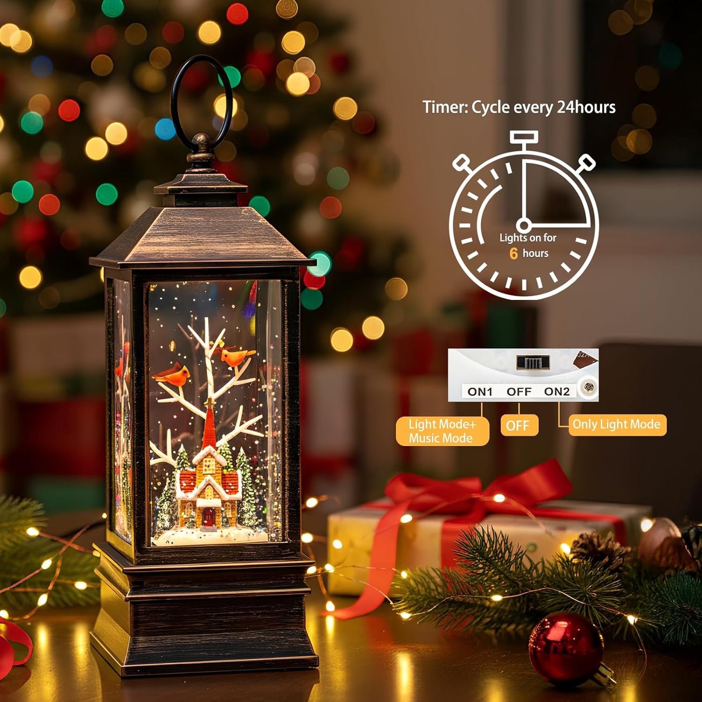 Christmas Snow Globe Lantern Water Glittering Cardinal & Church with Music & Timer, USB Lined/Battery Operated Lighted Lantern for Christmas Festival Decoration Gifts