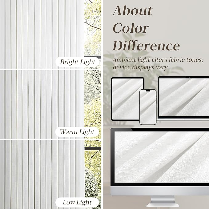 105 Inch Long White Pinch Pleated Linen Curtains 2 Panels Set for Living Room Bedroom Pinch Pleat Curtains Ivory Cream Semi Sheer Light Filtering Privacy Curtain 105 Inch Length for Sliding Door