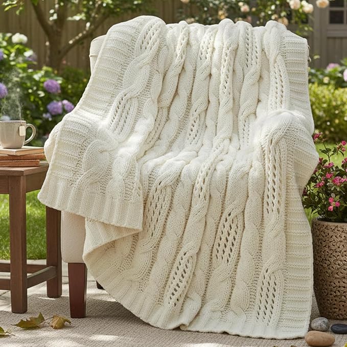 Amélie Home Chunky Knit Throw Blanket, Dual-Sided Soft Chenille Breathable Cable Knitted Blanket for Couch, Farmhouse Decorative Throw for Sofa & Chair, 50"x60", Ivory