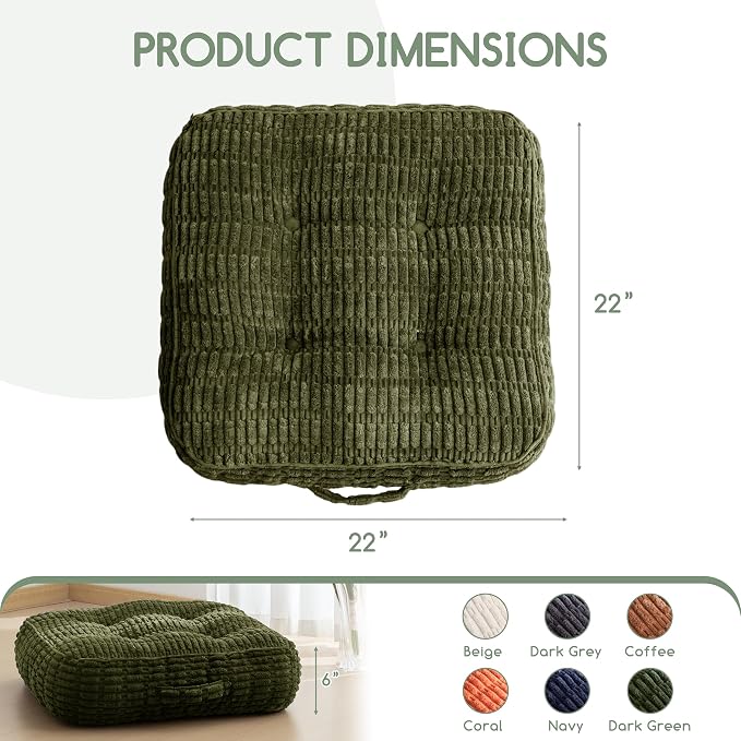 HIGOGOGO 6" Floor Pillow Cushion for Adults, Meditation Cushion Pillow, Blended Corduroy Cover, Large Square Floor Sitting for Tatami Living Room or Yoga, 2Pack, Dark Green