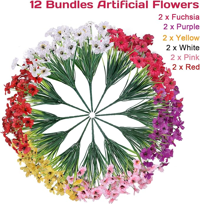 Geegoods Artificial Mums Flowers for Outdoors, 12 Bundles UV Resistant Fake Plastic Colorful Mix Flowers for Patio Porch Spring Summer Decor