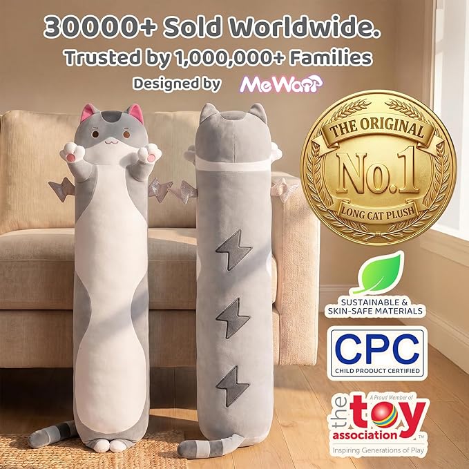 Mewaii Long Cat Plush 5 Sizes, 120% Extra Filling Giant Plushness Kids Body Pillow, Kawaii Cute Grey Cat Stuffed Animals Plushies, Big Long Body Pillow Cat Plush Gift for Girls 53”