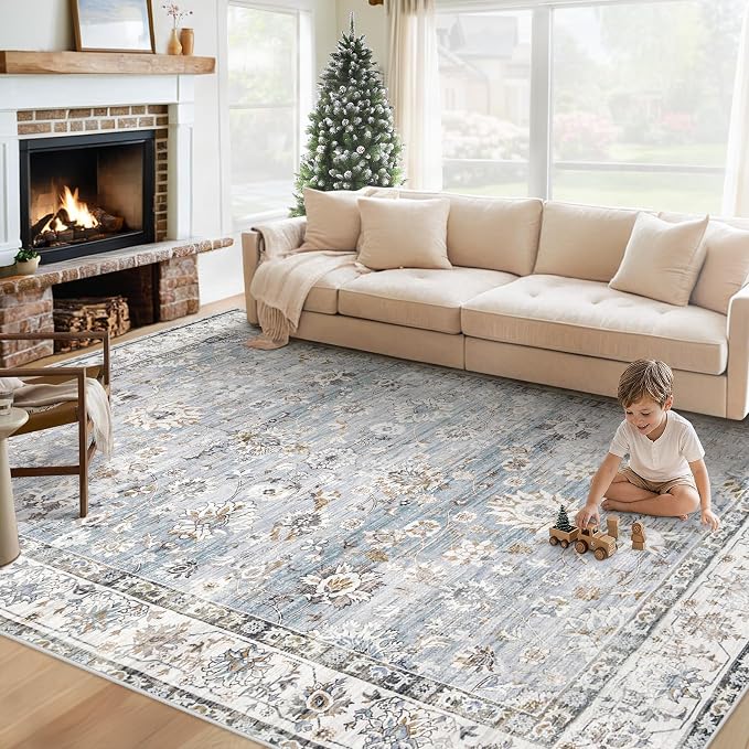 XLUEZ Area Rug 6x9 Living Room Rug, Machine Washable Vintage Distressed Boho Area Rug Non-Slip Soft Low Pile Large Indoor Rugs for Bedroom Kitchen Dining Room Office(Light Blue,6'x9')