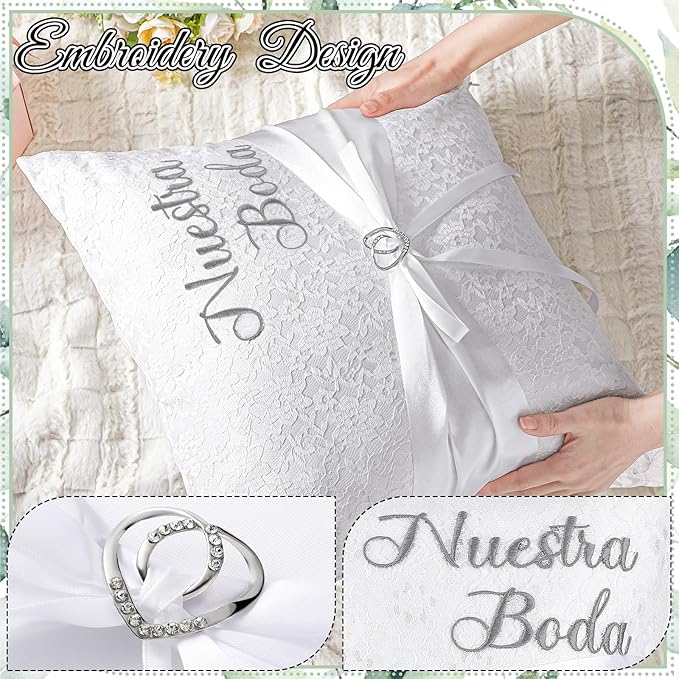 Mixweer 2pcs Wedding Embroidered Kneeling Pillows Nuestra Boda 18 x 18 Inch Embroidered Prayer Pillow Satin and Lace Kneeling White/Silver, Cojines para Boda, Decoracion (18",Without Pillow)