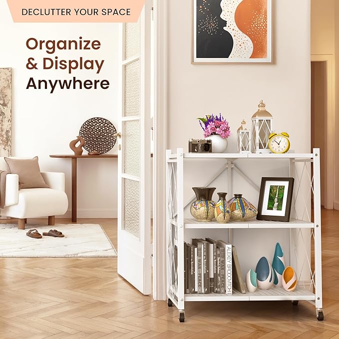 Our Modern Space 3-Tier Foldable Storage Shelf with Wheels | Metal Rack Collapsible Shelving Display | Rolling Cart for Books Kitchen Storage Shelves | Pantry & Closet Organizer | Office Room Decor