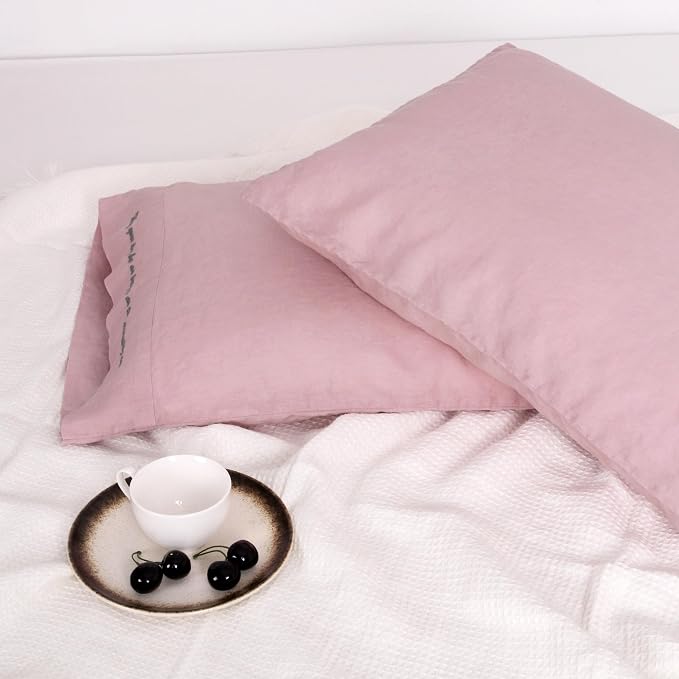 Linen Pillow Cases with Embroidery Design,20"x40" King Size Set of 2,100% French Flax Soft Handmade Linen Pillowcases,Pink Lavender Embroidery