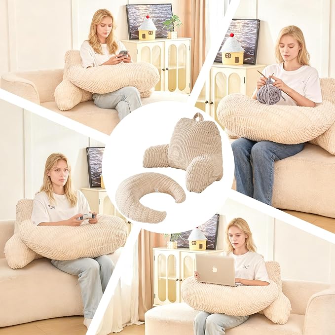 19" Reading Pillow for Bed,U Shaped Arm & Elbow Support,White Corduroy | Backrest Supports Back,U Shaped Lap Pillow Cushions Arms,Elbows & Wrists,Ribbed Corduroy for Reading,Gaming,Watching TV
