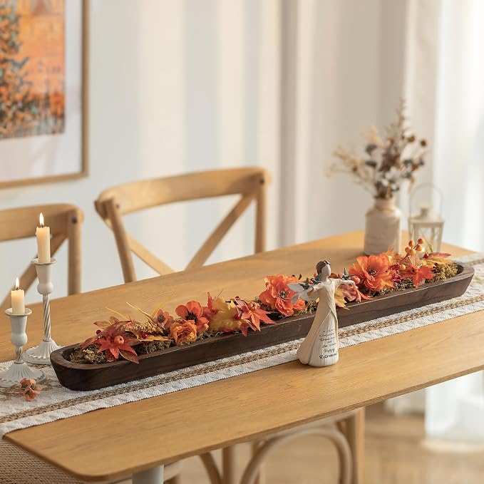Hanobe Decorative Bowl for Entryway Decor: Large Key Holder Bowl for Coffee Table Decor - Rustic Wooden Baguette Fruit Bowl for Kitchen Counter Decor - Catch All Dough Bowl for Centerpiece