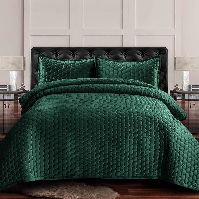 Tribeca Living Lugano Oversized Velvet Quilt Set - All Season, Extra Large, 3 Piece King Size Comforter Set with 2 Pillow Shams in Teal Honeycomb Pattern 260GSM