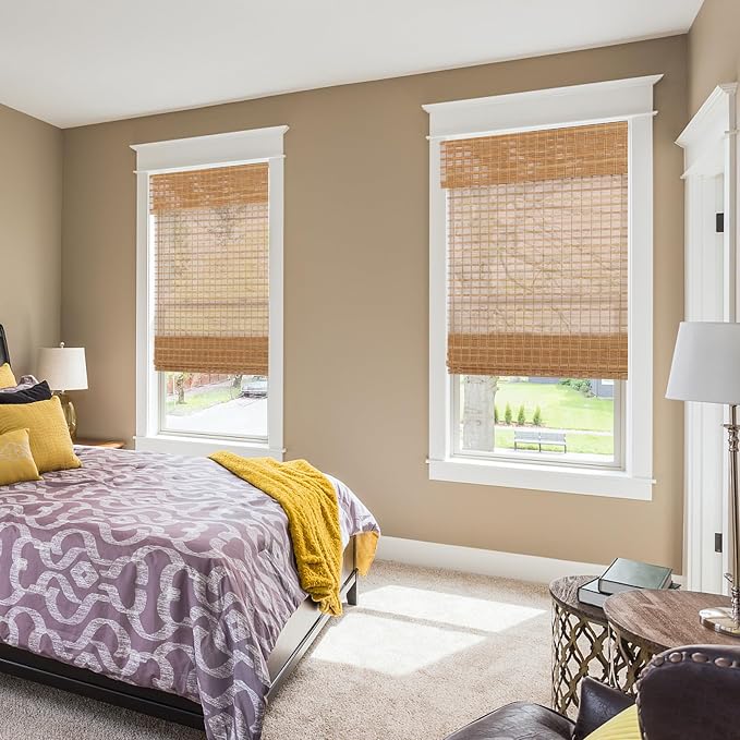Cordless Wood Window Blinds, Bamboo Sheer Light Filtering Woven Roman Shades, Tiger Wood, 33" W X 48" H