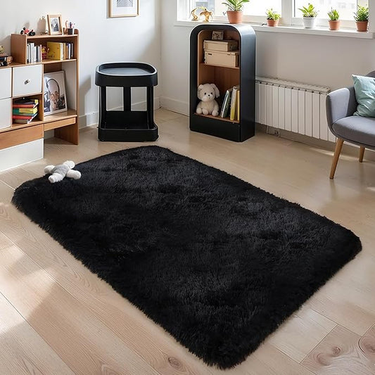KICHOWUA Thick Area Rug Black Fluffy Shag 3x5 for Bedroom, Ultra Soft Thickened Plush Washable Carpet, Non-Slip Cozy Shaggy Fuzzy Rug for Living Room Nursery Dorm Playroom Kids Baby Room