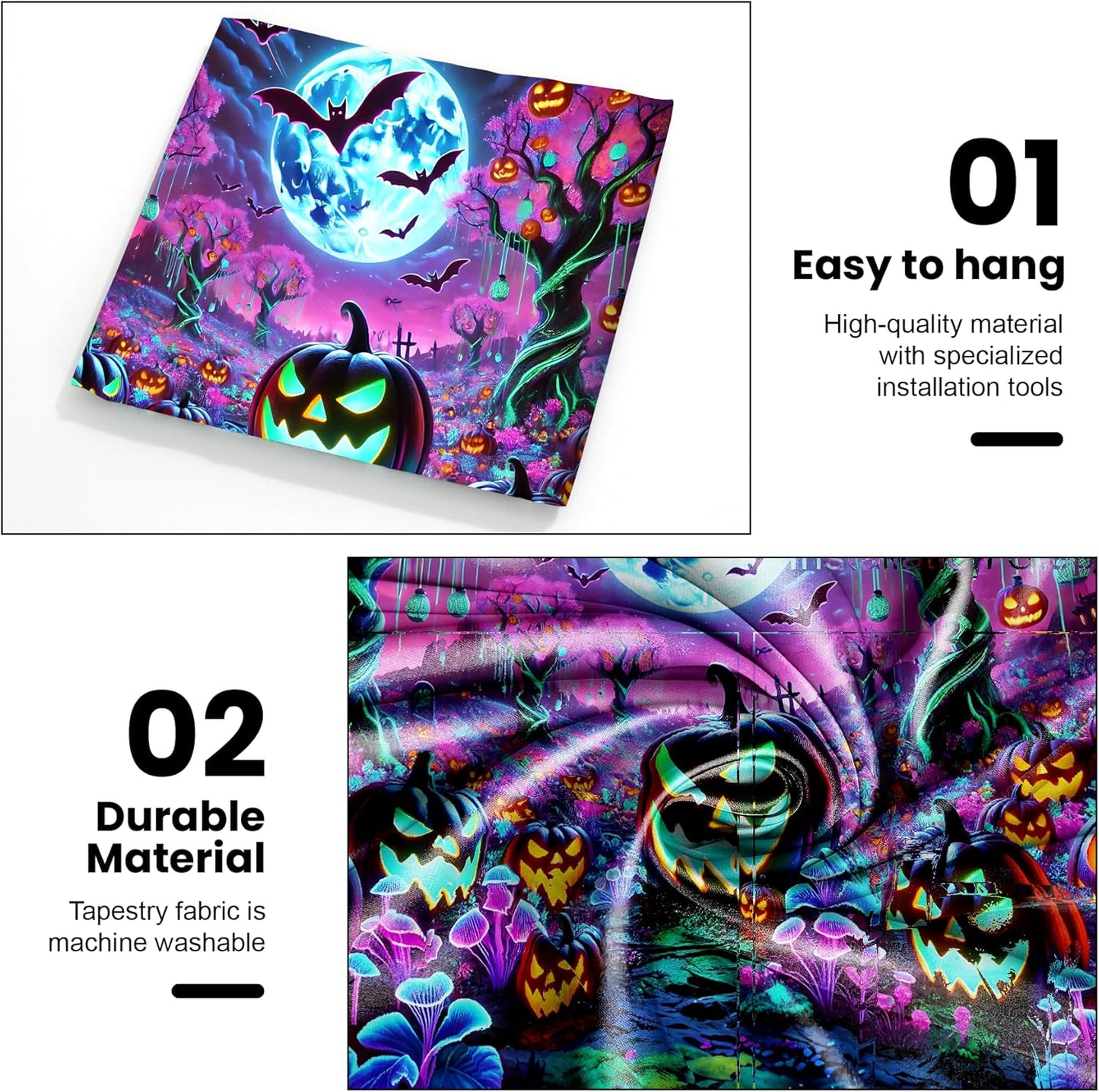 AOHMPT Glow-in-the-Dark Halloween Tapestry - UV Reactive Black Light Wall Hanging Decor for Spooky Parties, Bedroom, Living Room (Pumpkin-Bat, 79L x 59W, Unframed)