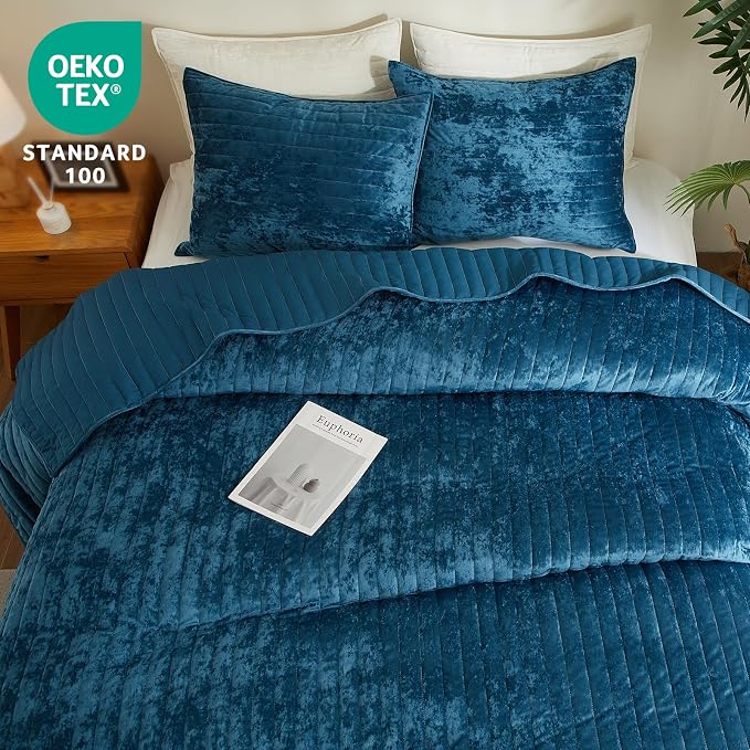 Luxury Soft Velvet Quilt Set Queen Size - Lightweight Velvet Bedding Set for All Season, Oversized Bedspread Coverlet Comforter Set with 2 Pillow Shams, Blue, Striped
