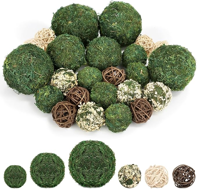 Lezmarket 24 Pcs Decorative Moss Balls for Centerpiece Bowls - Assorted Sizes Fake Moss Balls+Wicker Rattan Balls+Flower Balls, Artificial Greenery Vase Fillers for Home Garden Farmhouse Rustic Decor