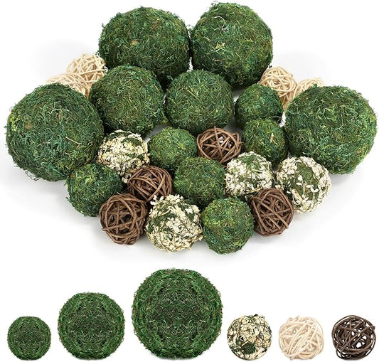 Lezmarket 24 Pcs Decorative Moss Balls for Centerpiece Bowls - Assorted Sizes Fake Moss Balls+Wicker Rattan Balls+Flower Balls, Artificial Greenery Vase Fillers for Home Garden Farmhouse Rustic Decor