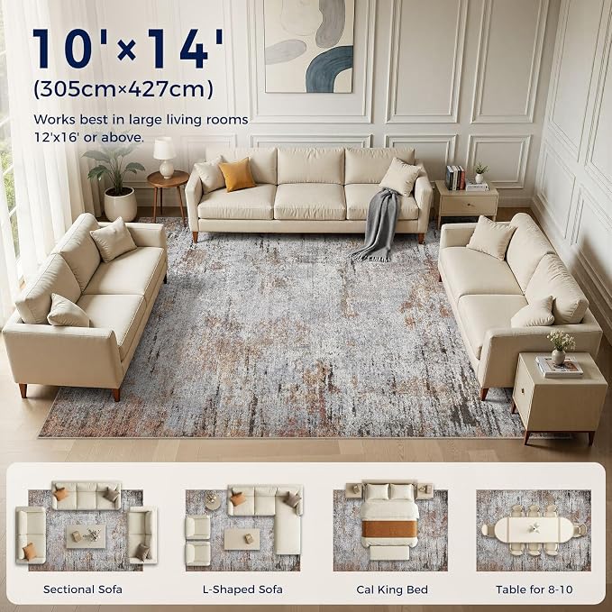 DMOYEST Area Rug Living Room Rugs - 10x14 Large Soft Indoor Neutral Modern Abstract Low Pile Washable Rug Carpet for Bedroom Dining Room Farmhouse Home Office - Grey Rust