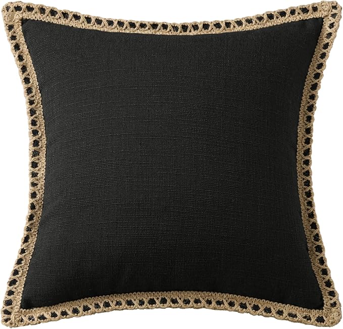Phantoscope Pack of 2 Farmhouse Decorative Solid Pillow Cover Burlap Linen Trimmed Tailored Edges, Black, 18 x 18 inches, 45 x 45 cm