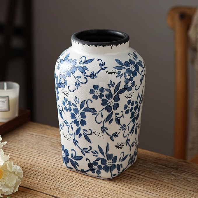 SURE YUESI Blue and White Chinoiserie Vase, Handmade Vintage Floral Ceramic Vase, Round Blue Vase for Flowers, Rustic Table Centerpiece, Blue Vases Home Decor for Living Room, Office, Kitchen 8.4 in