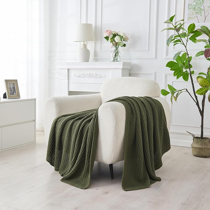 Douceur Olive Green Throw Blanket for Bed, Soft Chunky Cable Knit Throw Blanket, Classic Fisherman's Rib Stitch Pattern Throw for Living Room Gift, 60"X80"