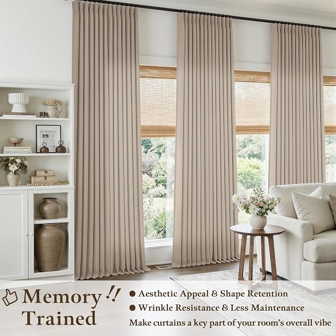 Burlywood Birch Neutral Pinch Pleated Curtains 92 Inches Long for Bedroom Living Room Light Filtering Pinch Pleat Drape with Back Tab Farmhouse Tan Linen 92 Inch Semi Sheer Curtain for Dining Room